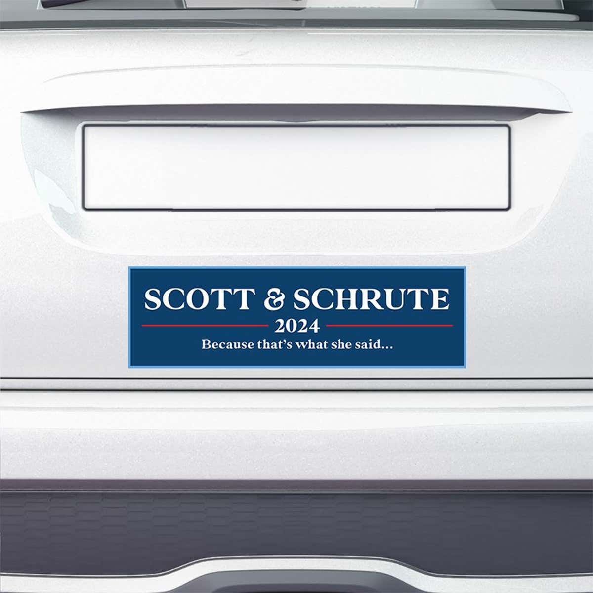 Scott Schrute Political Bumper Sticker on the bumper of a white car