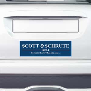 Scott Schrute Political Bumper Sticker on the bumper of a white car