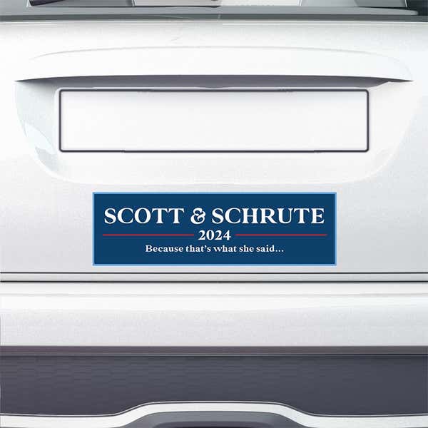 Scott Schrute Political Bumper Sticker on the bumper of a white car