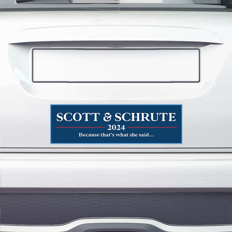 Scott Schrute Political Bumper Sticker on the bumper of a white car