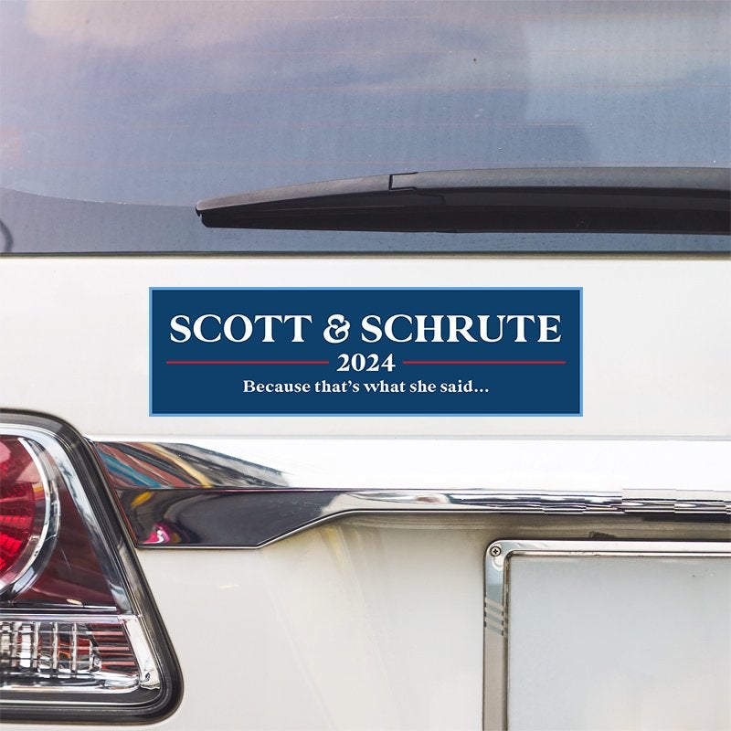Scott Schrute Political Bumper Sticker above a white car's tail light