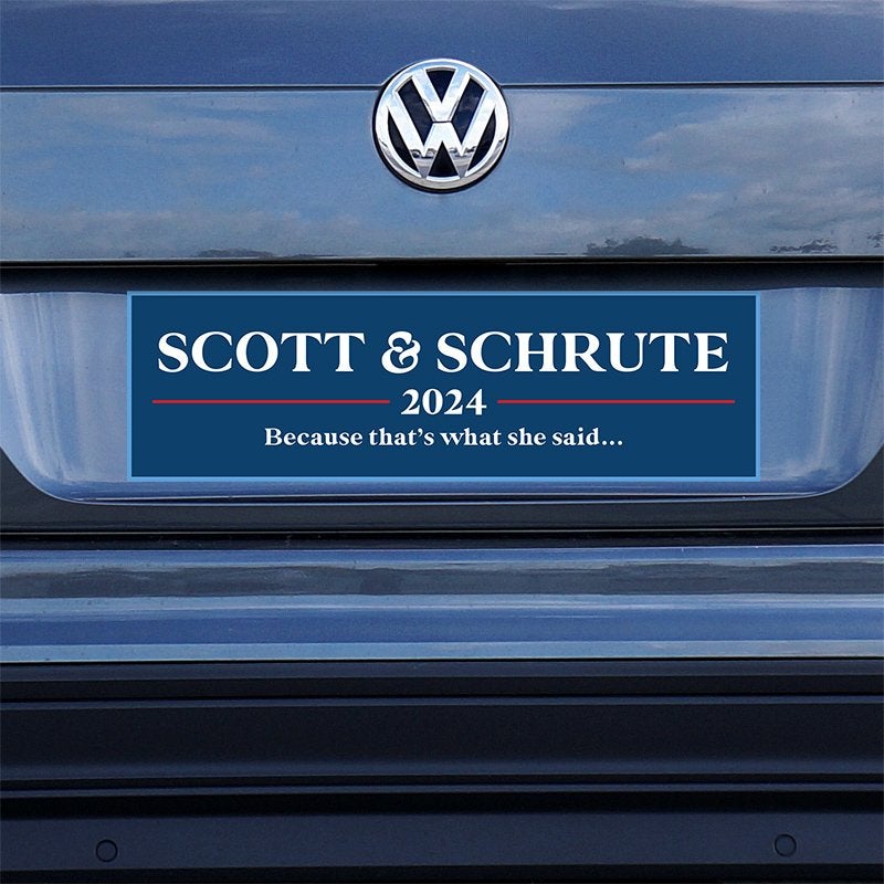 Scott Schrute Political Bumper Sticker on a gray car