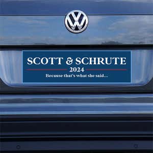 Scott Schrute Political Bumper Sticker on a gray car