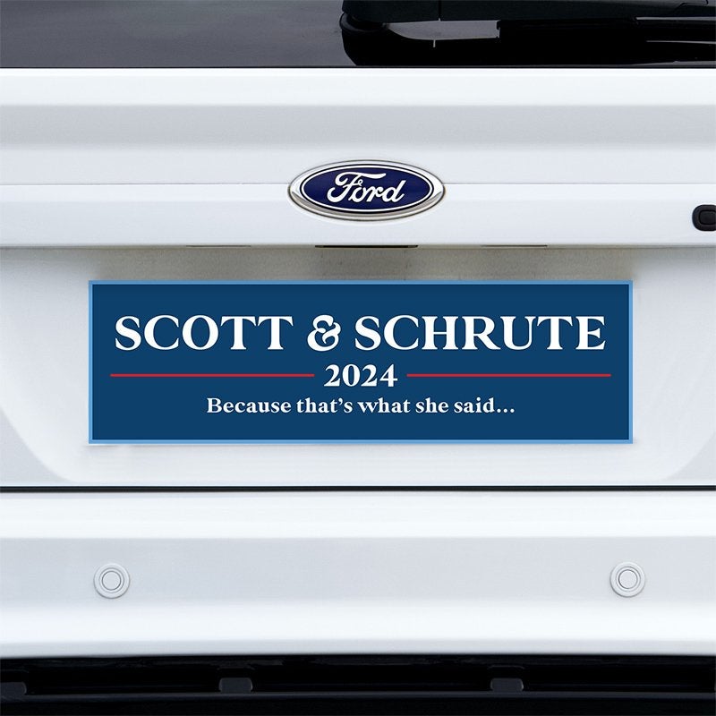 Scott Schrute Political Bumper Sticker on a white truck