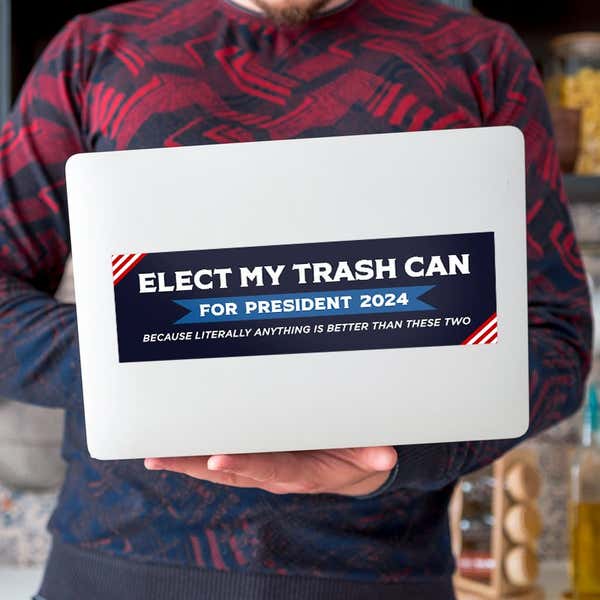 Elect My Trash Can Bumper Sticker on a laptop