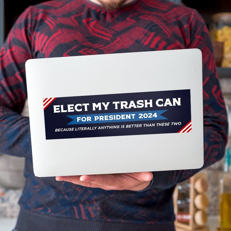 Elect My Trash Can Bumper Sticker on a laptop