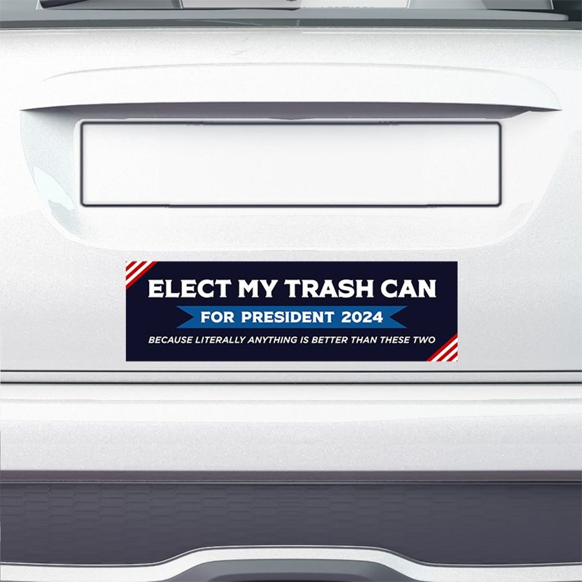 Elect My Trash Can Bumper Sticker on the bumper of a white car