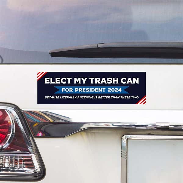 Elect My Trash Can Bumper Sticker above a white car's tail light