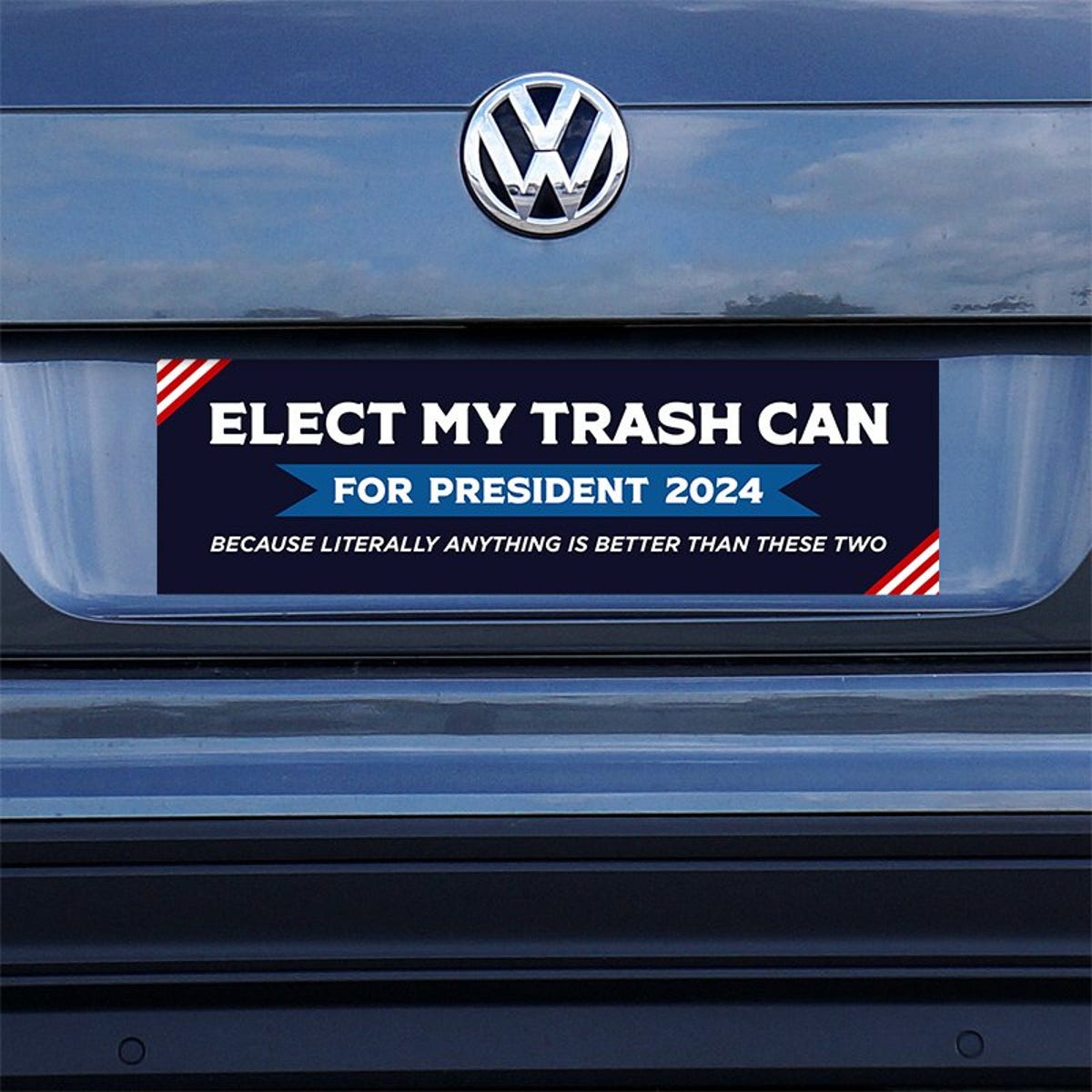 Elect My Trash Can Bumper Sticker on a gray car