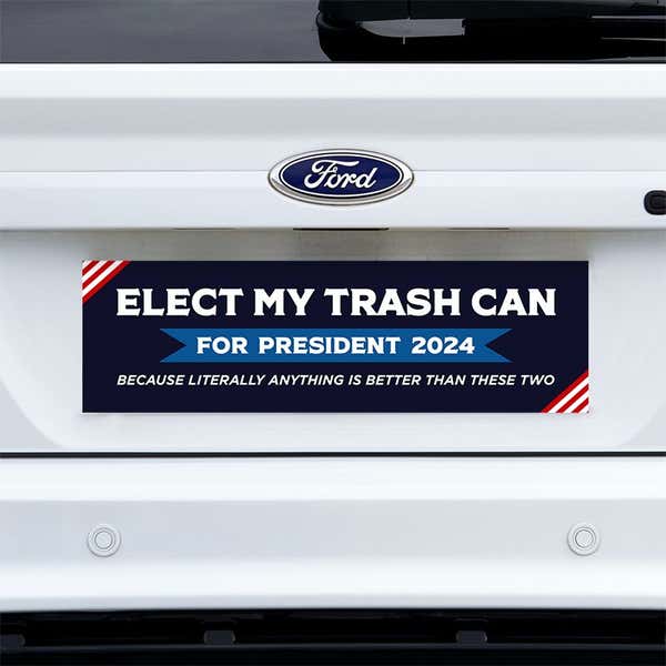 Elect My Trash Can Bumper Sticker on a white truck