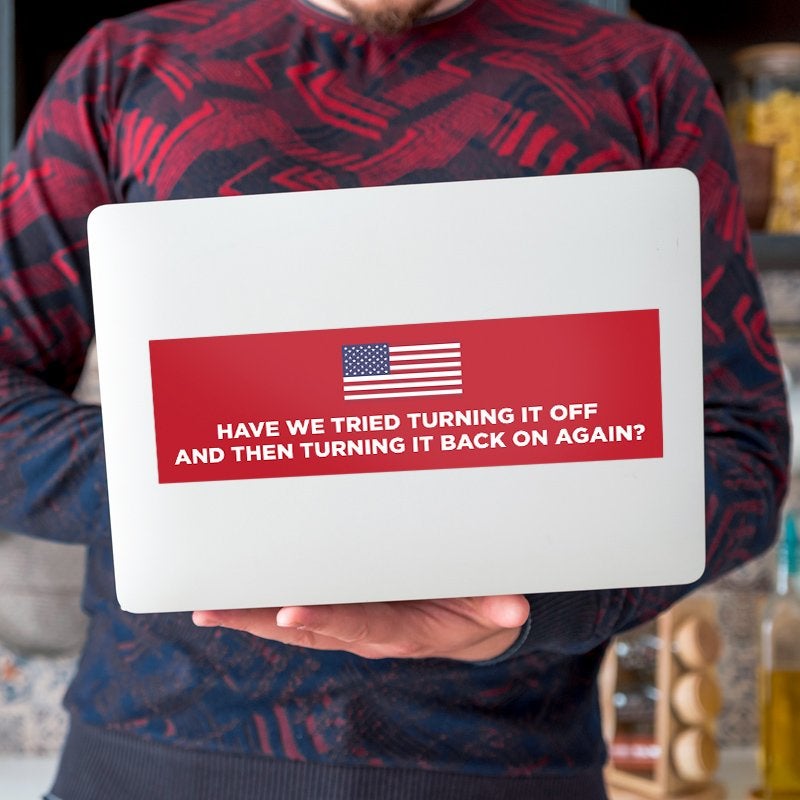 American Flag Funny Political Bumper Sticker on a laptop