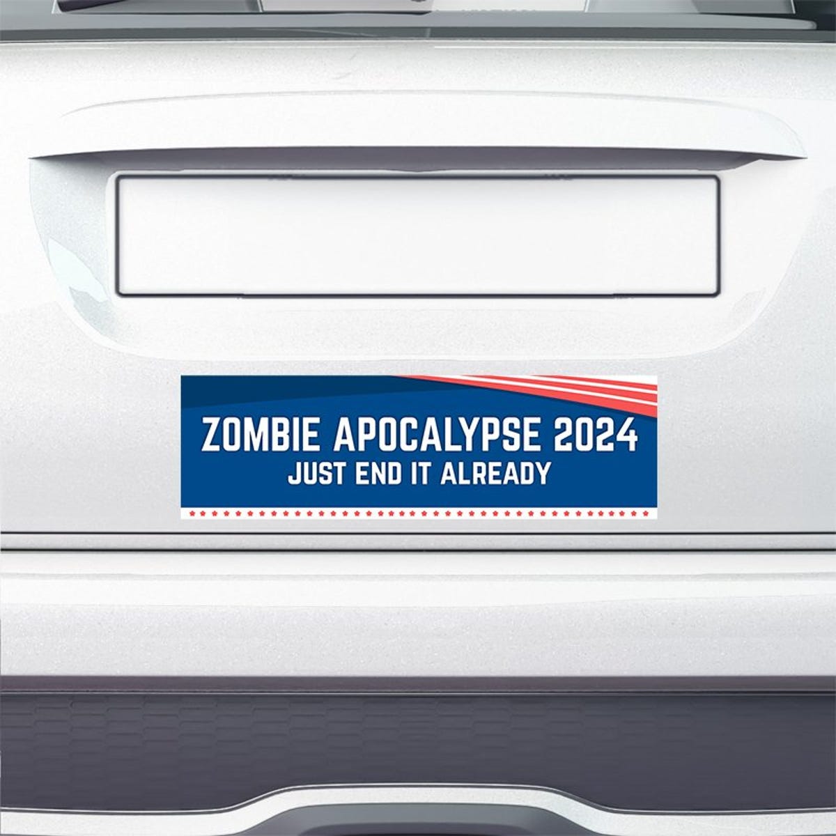 Zombie Apocalypse Political Bumper Sticker on the bumper of a white car