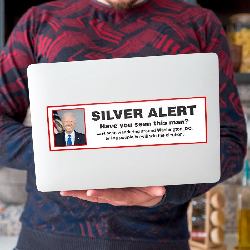 Silver Alert Political Bumper Sticker on a laptop