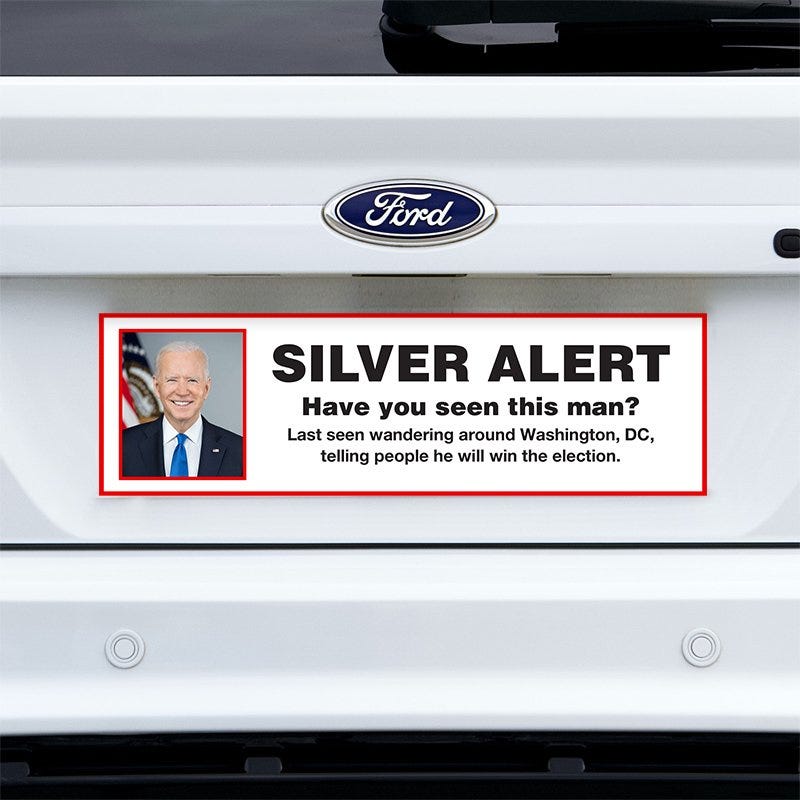 Silver Alert Political Bumper Sticker on a white truck