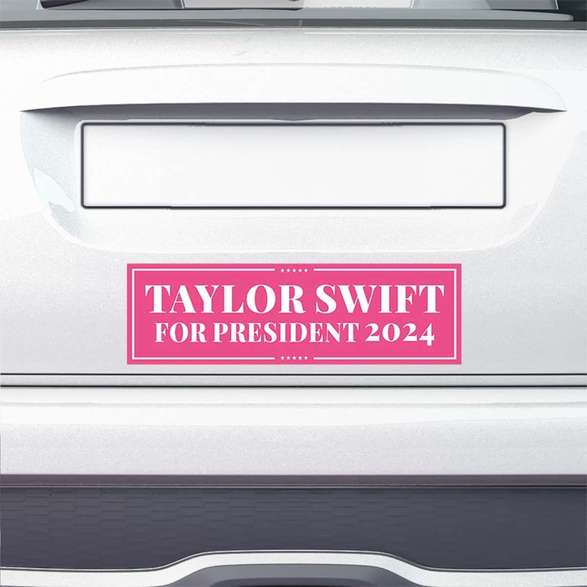 Taylor Swift for President Bumper Sticker on the bumper of a white car
