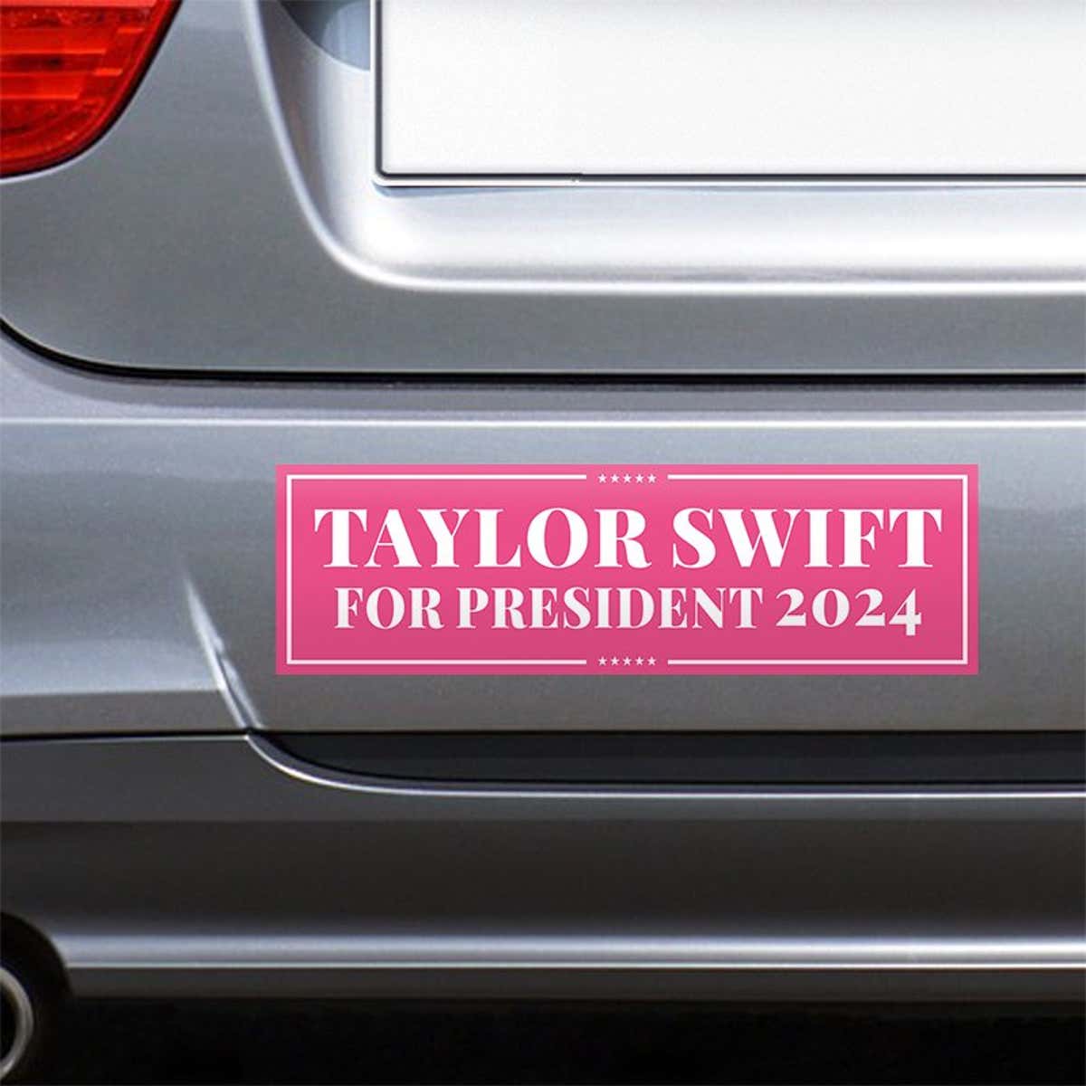 Taylor Swift for President Bumper Sticker on the bumper of a gray car