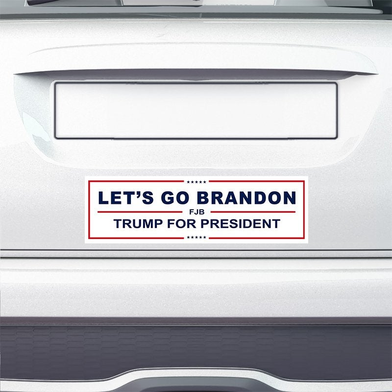 Let's Go Brandon Bumper Sticker on the bumper of a white car