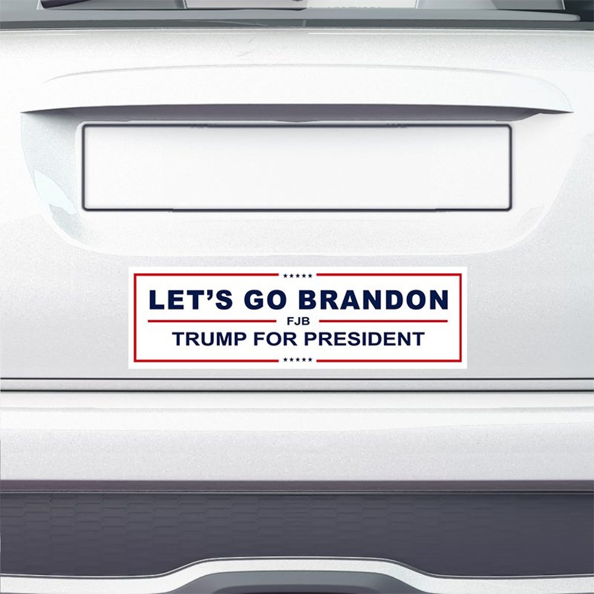 Let's Go Brandon Bumper Sticker on the bumper of a white car