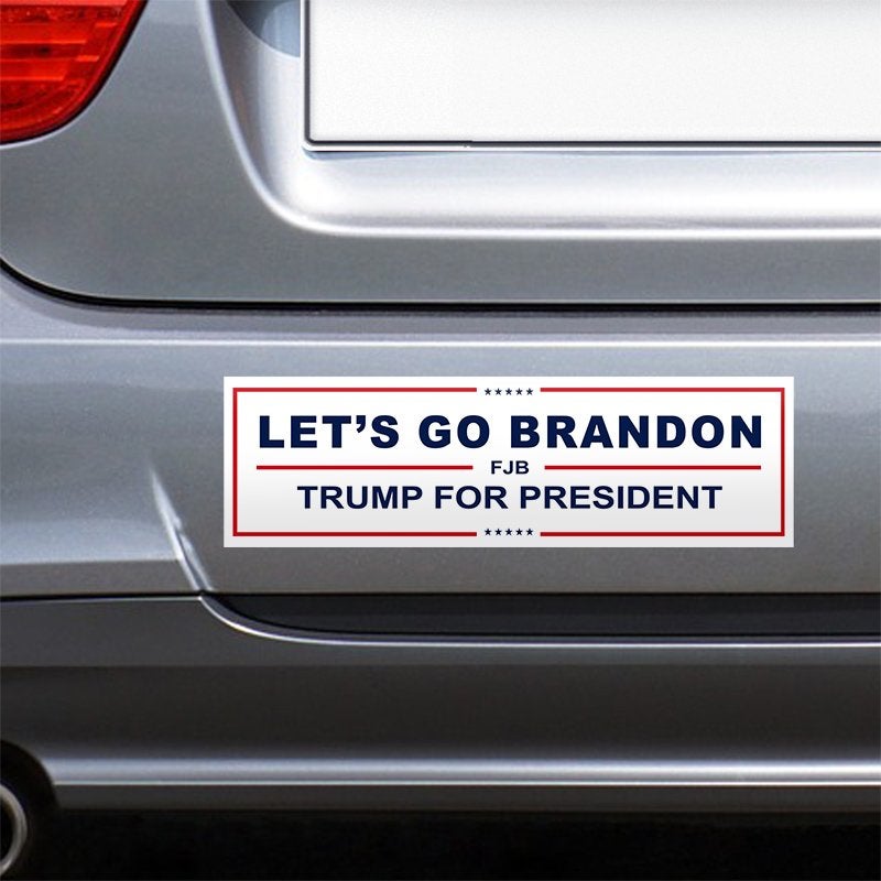 Let's Go Brandon Bumper Sticker on the bumper of a gray car