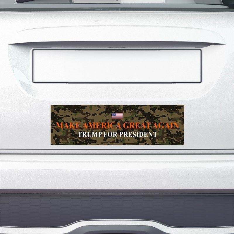 Camo MAGA Bumper Sticker on the bumper of a white car