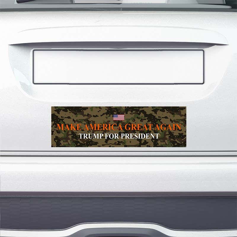 Camo MAGA Bumper Sticker on the bumper of a white car