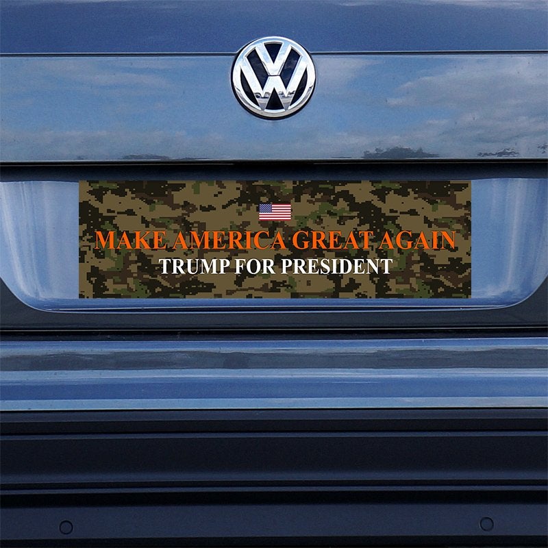 Camo MAGA Bumper Sticker on a gray car