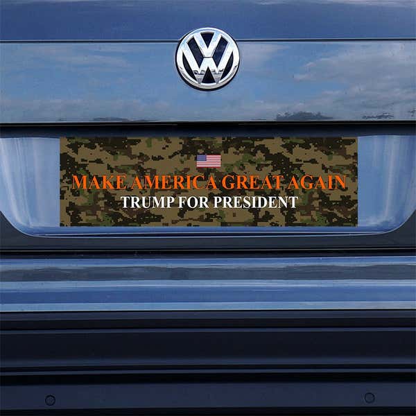 Camo MAGA Bumper Sticker on a gray car