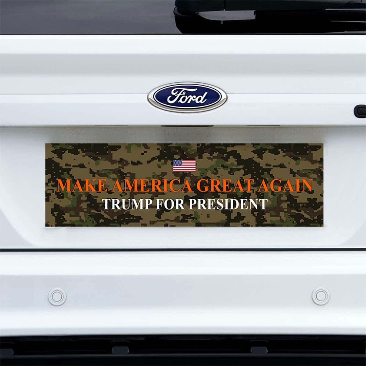 Camo MAGA Bumper Sticker on a white truck