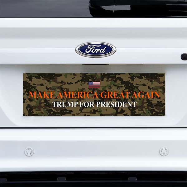 Camo MAGA Bumper Sticker on a white truck