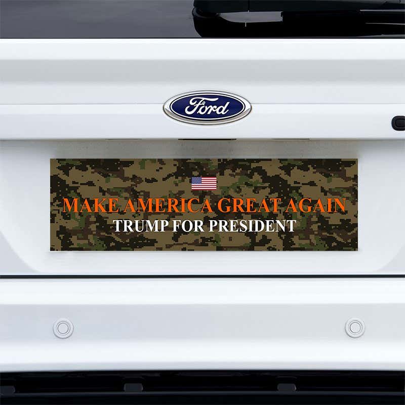 Camo MAGA Bumper Sticker on a white truck