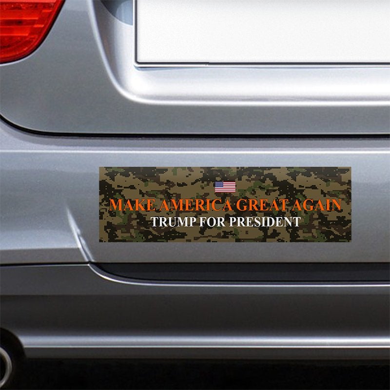 Camo MAGA Bumper Sticker on the bumper of a gray car