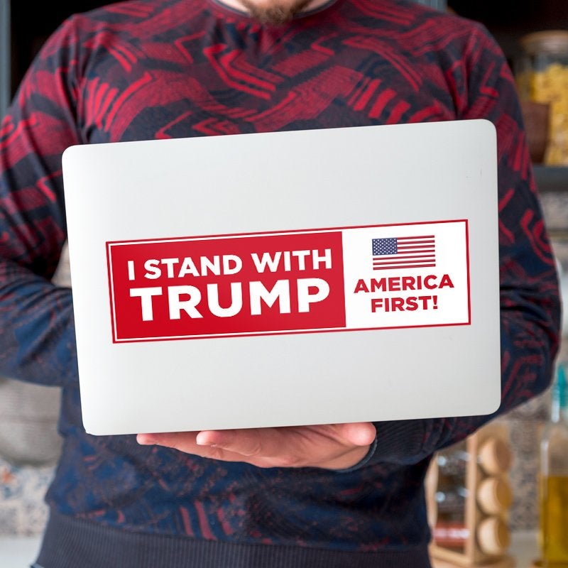 I Stand with Trump Bumper Sticker on a laptop