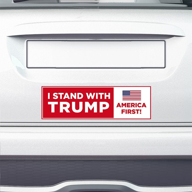 I Stand with Trump Bumper Sticker on the bumper of a white car