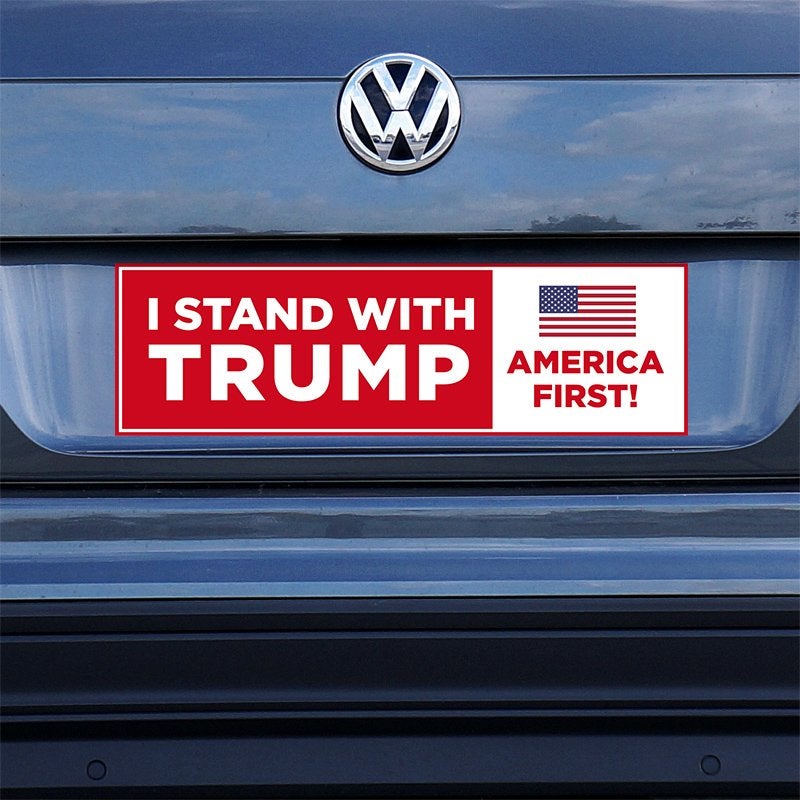 I Stand with Trump Bumper Sticker on a gray car
