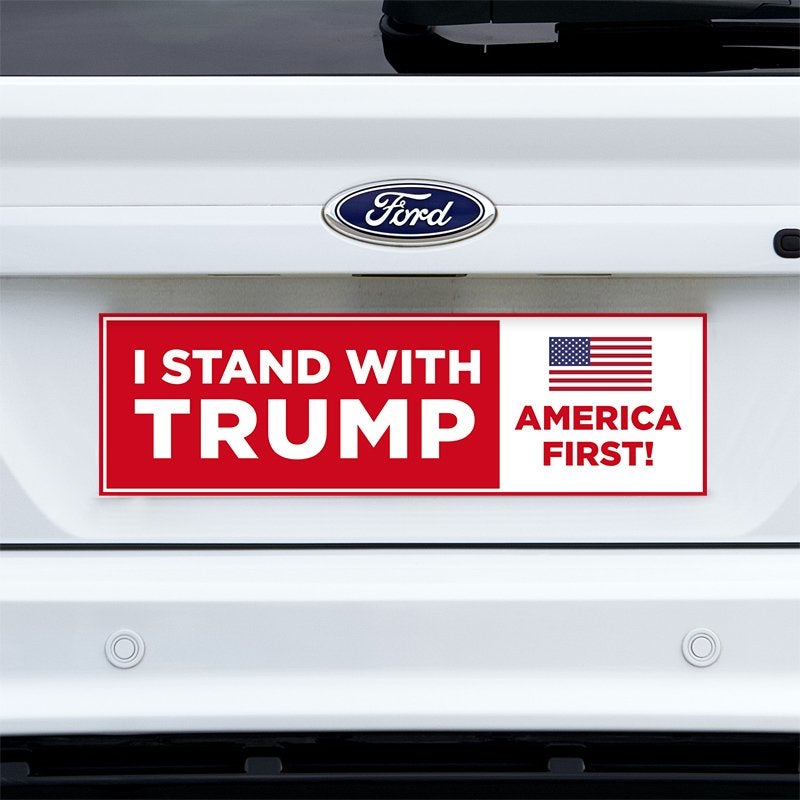 I Stand with Trump Bumper Sticker on a white truck