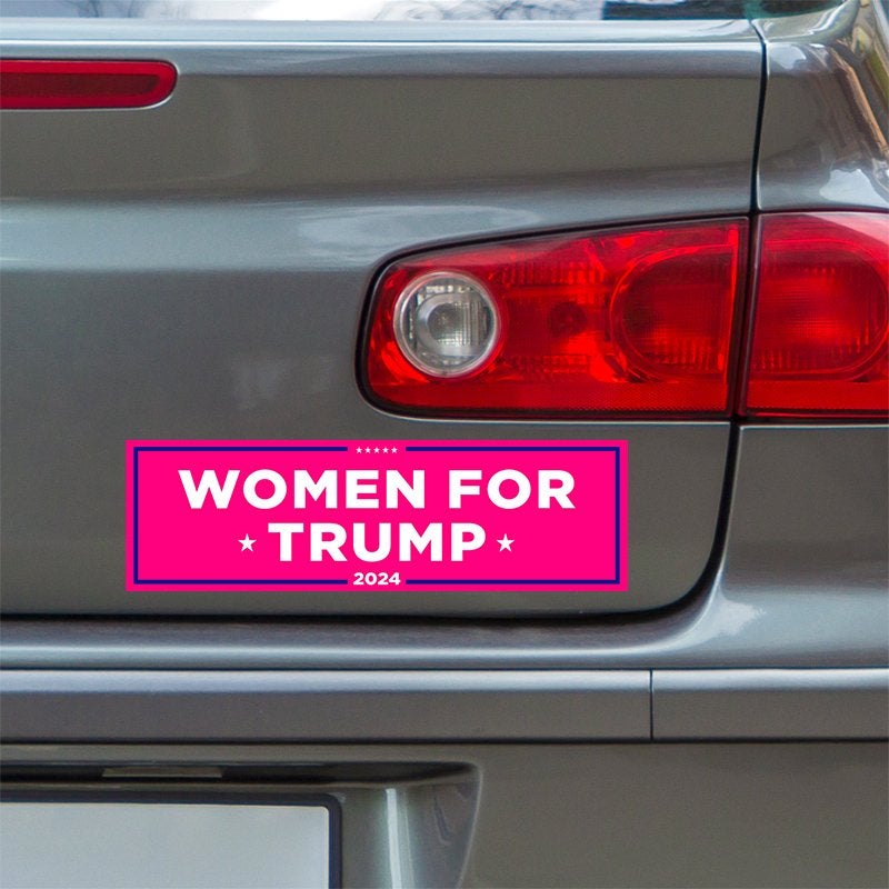 Women for Trump Bumper Sticker below a gray car's tail light
