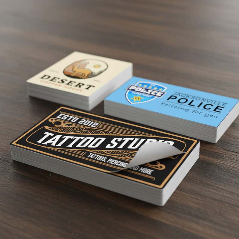 Three stacks of custom vinyl stickers with varying business designs