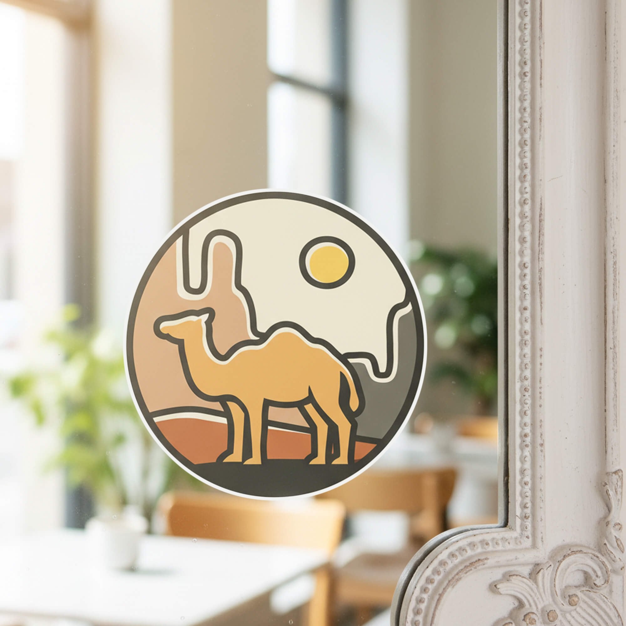 A round vinyl sticker of a business logo on a store window