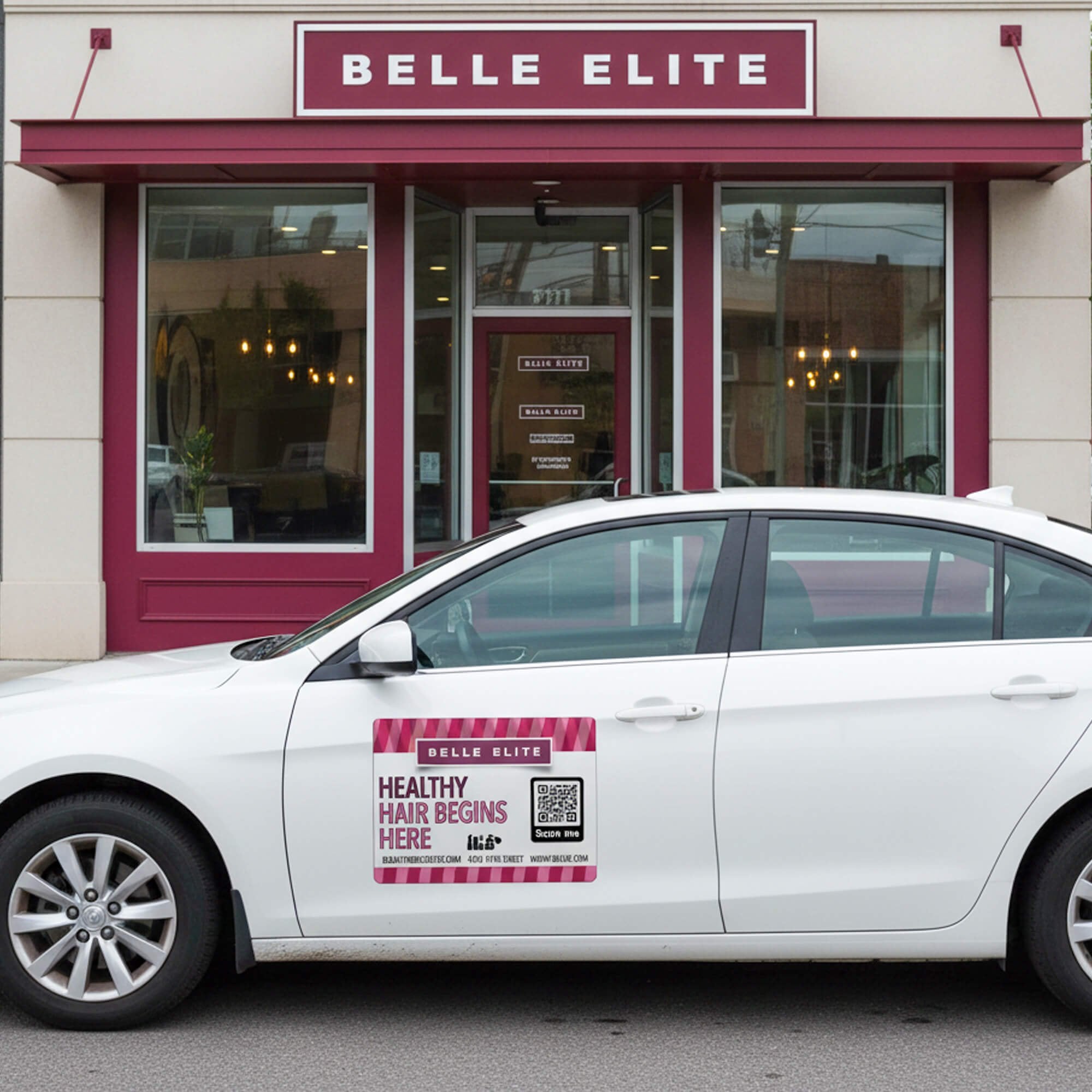 A pink and white custom car magnet for a hair salon