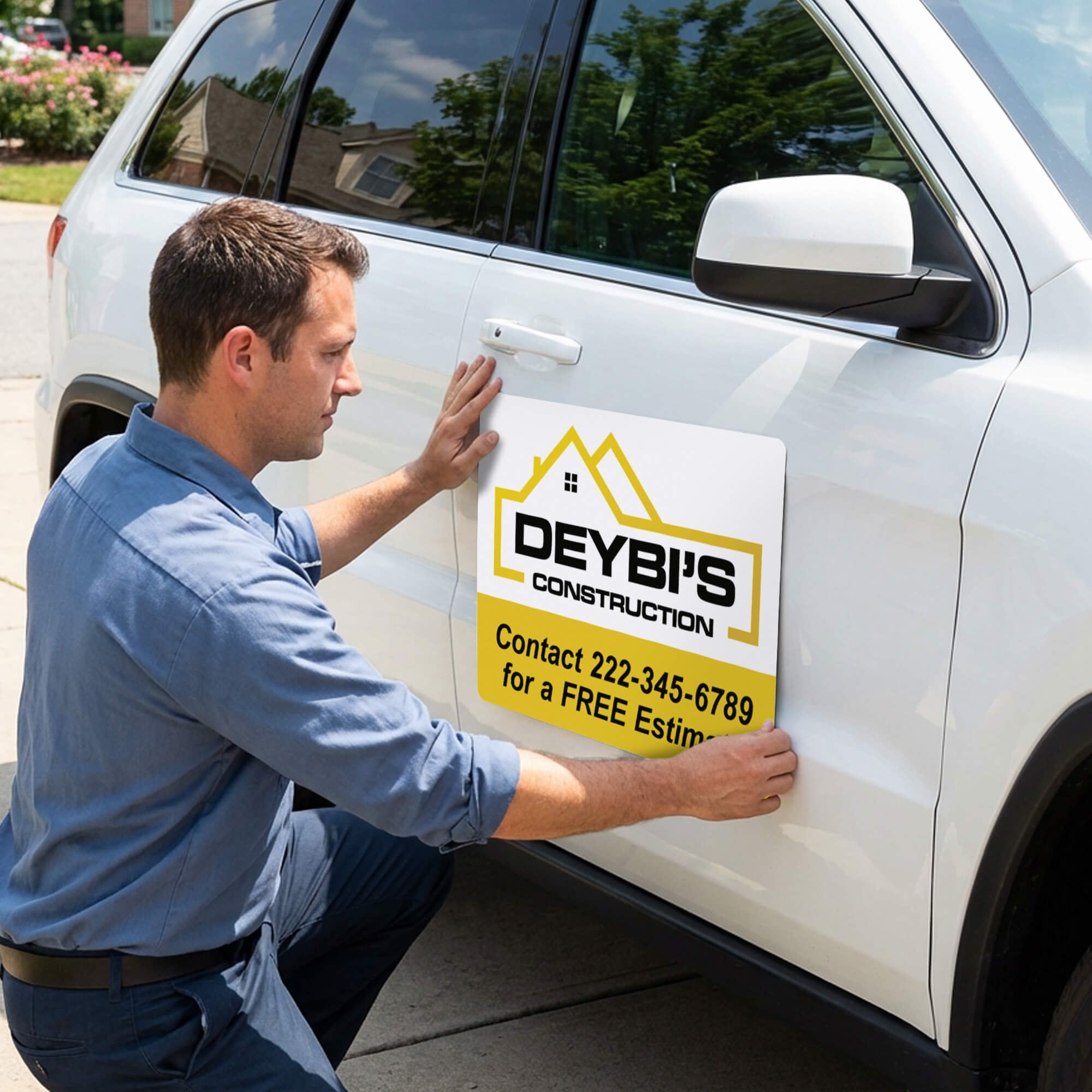 A man placing his construction company car magnet on an SUV