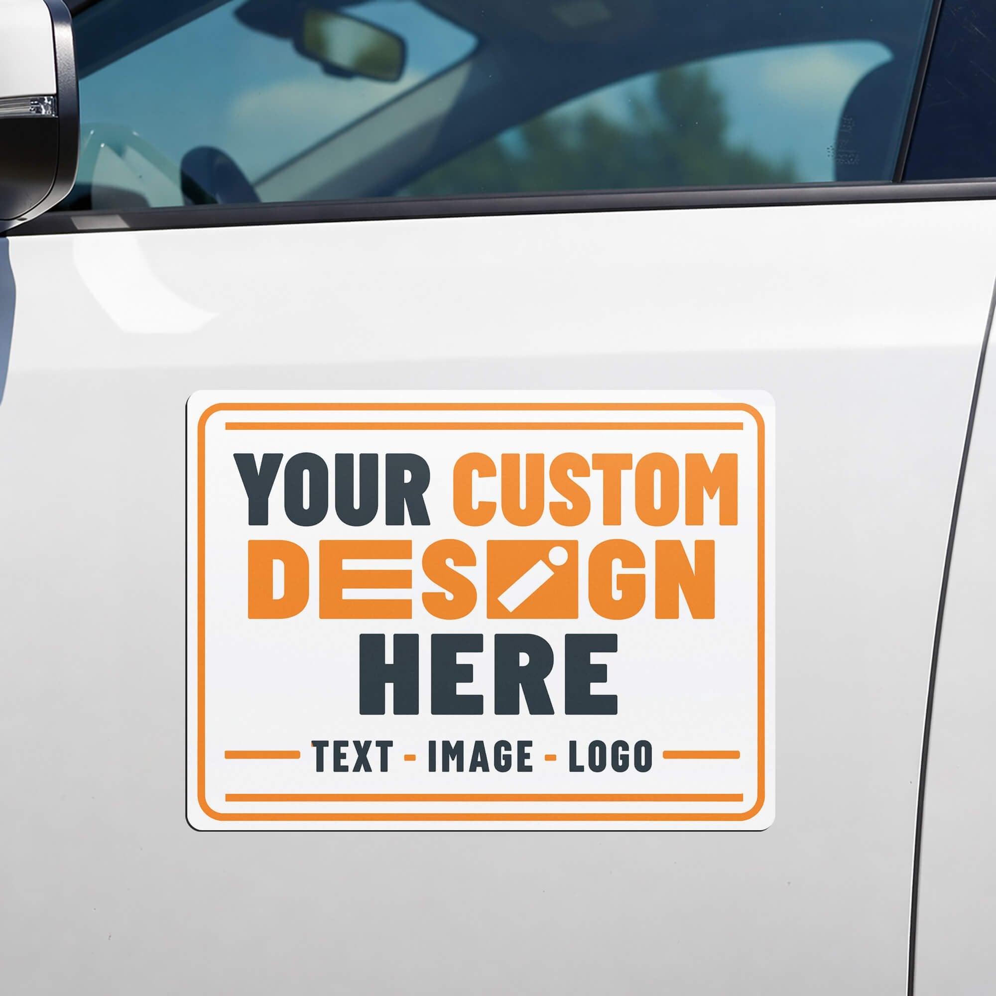 A custom car magnet with border on a white car