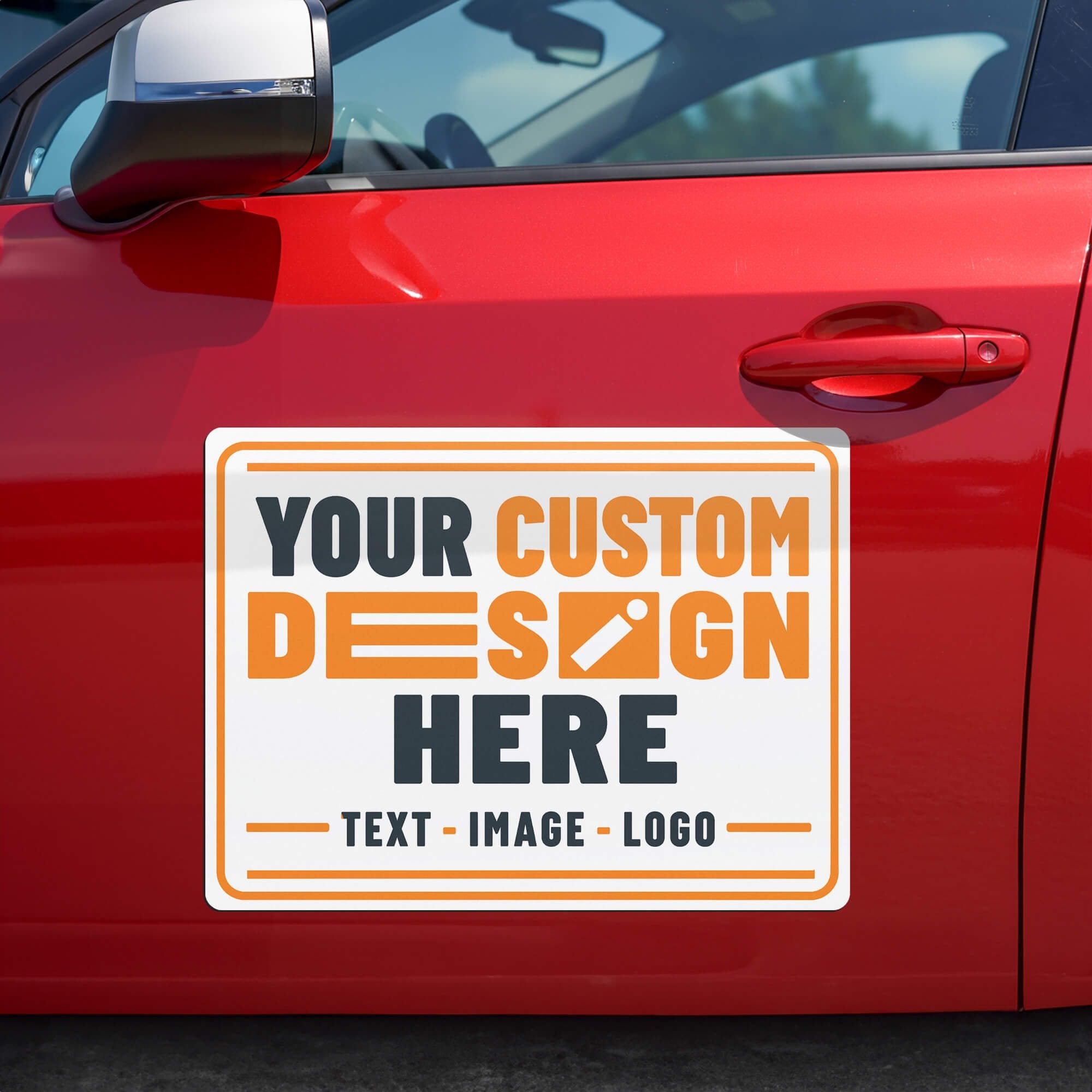 A custom car magnet on the side of a red car