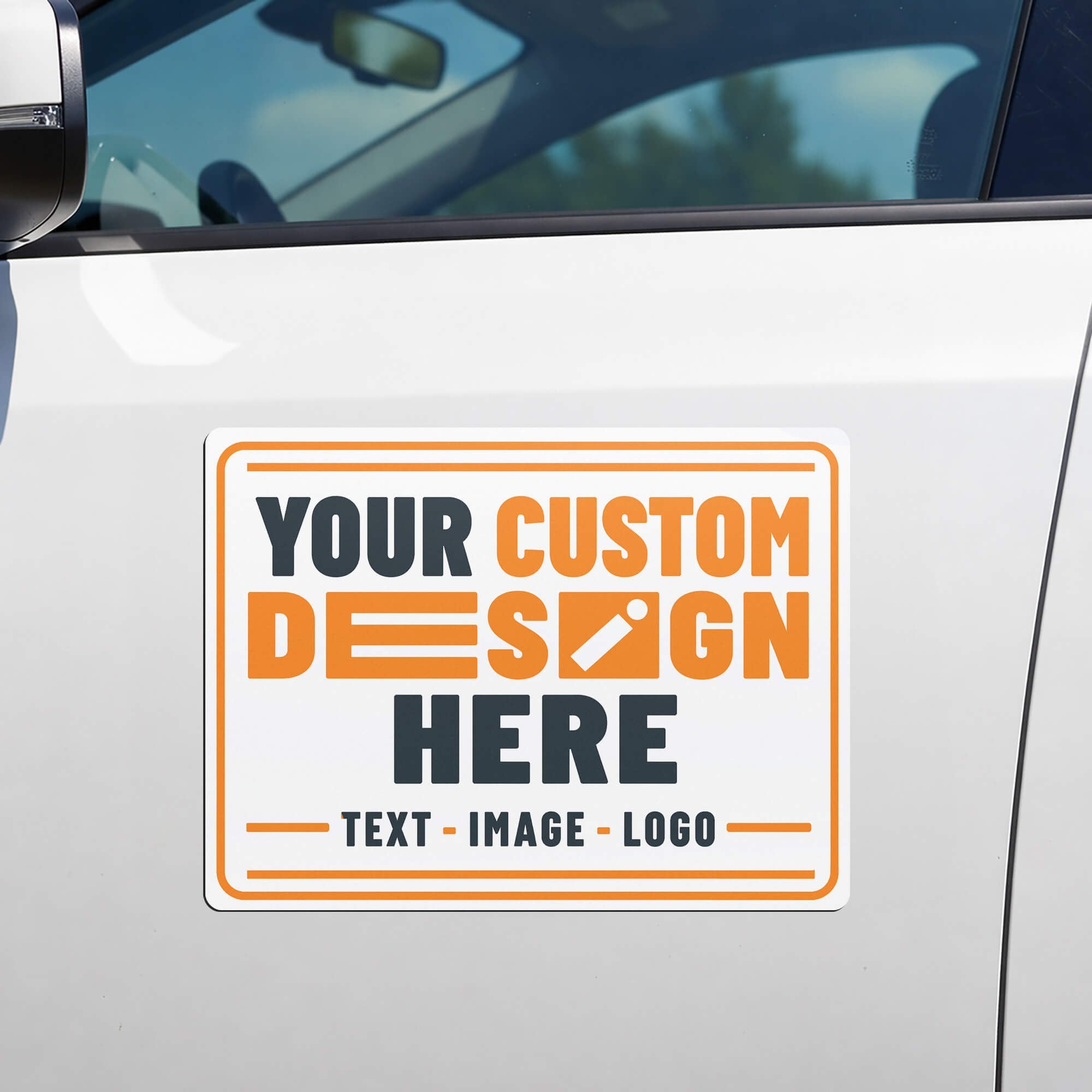 A custom car magnet on the side of a white car