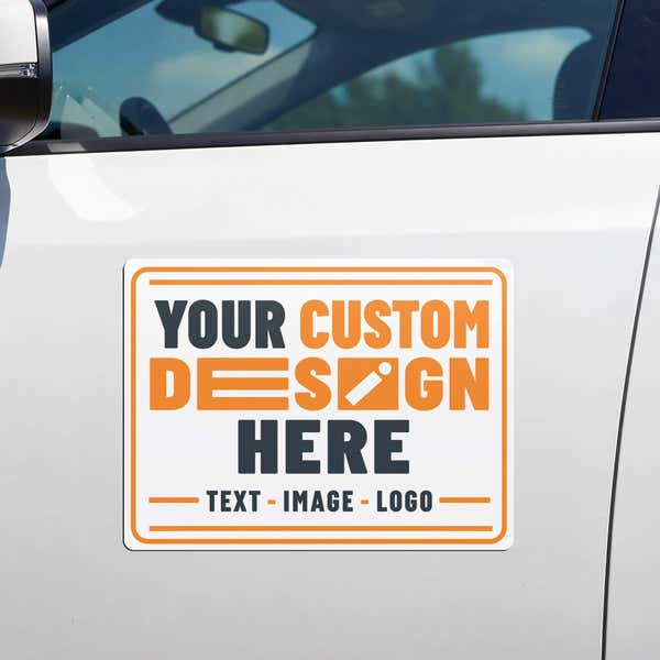 Custom business car magnet sign displayed on white car door