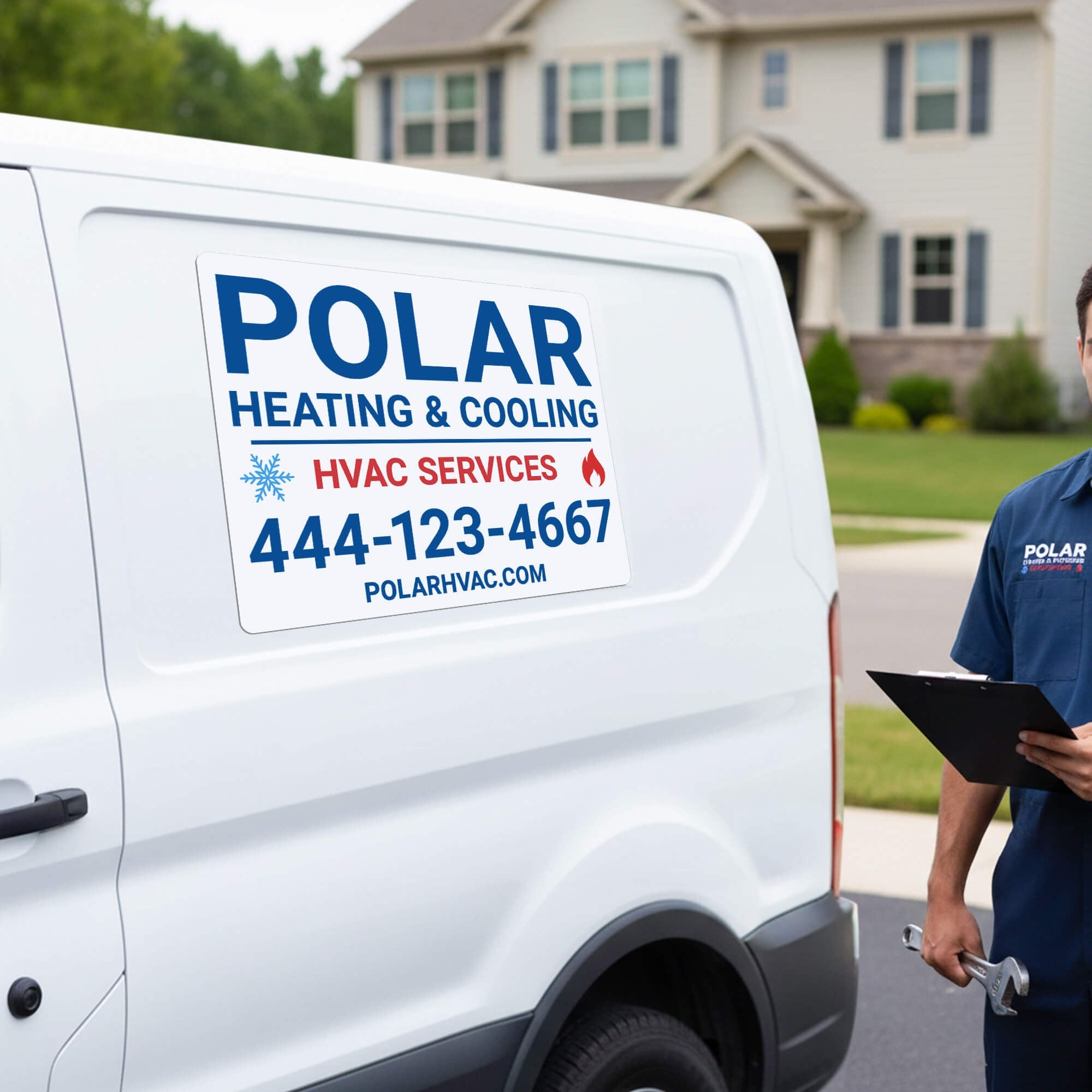 A custom car magnet for an HVAC company on a white van