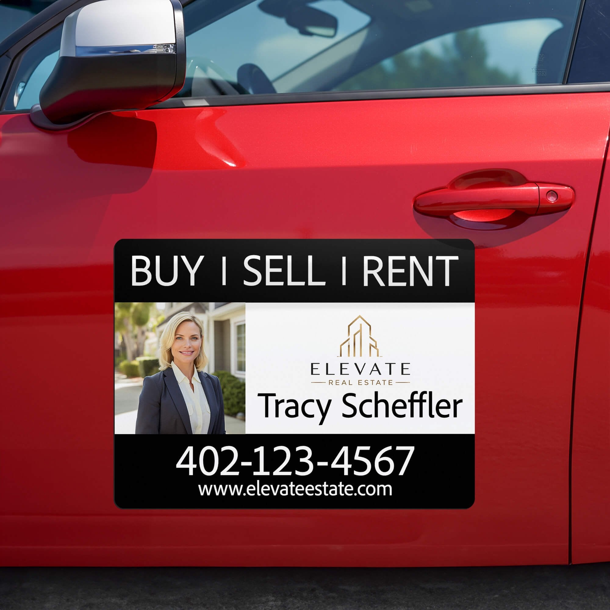 A custom car magnet for a real estate agent on a red car