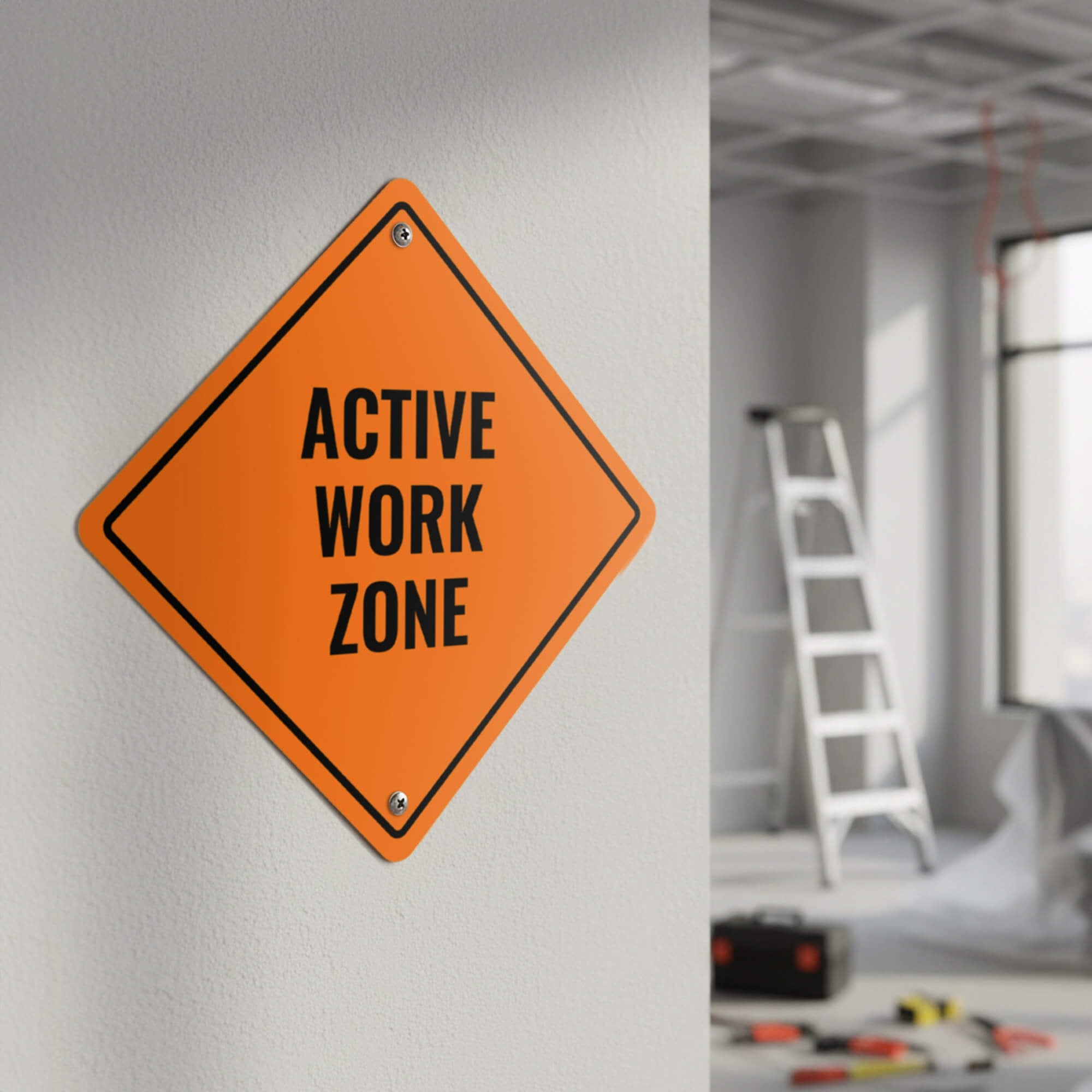Orange diamond aluminum sign displayed in an active work zone