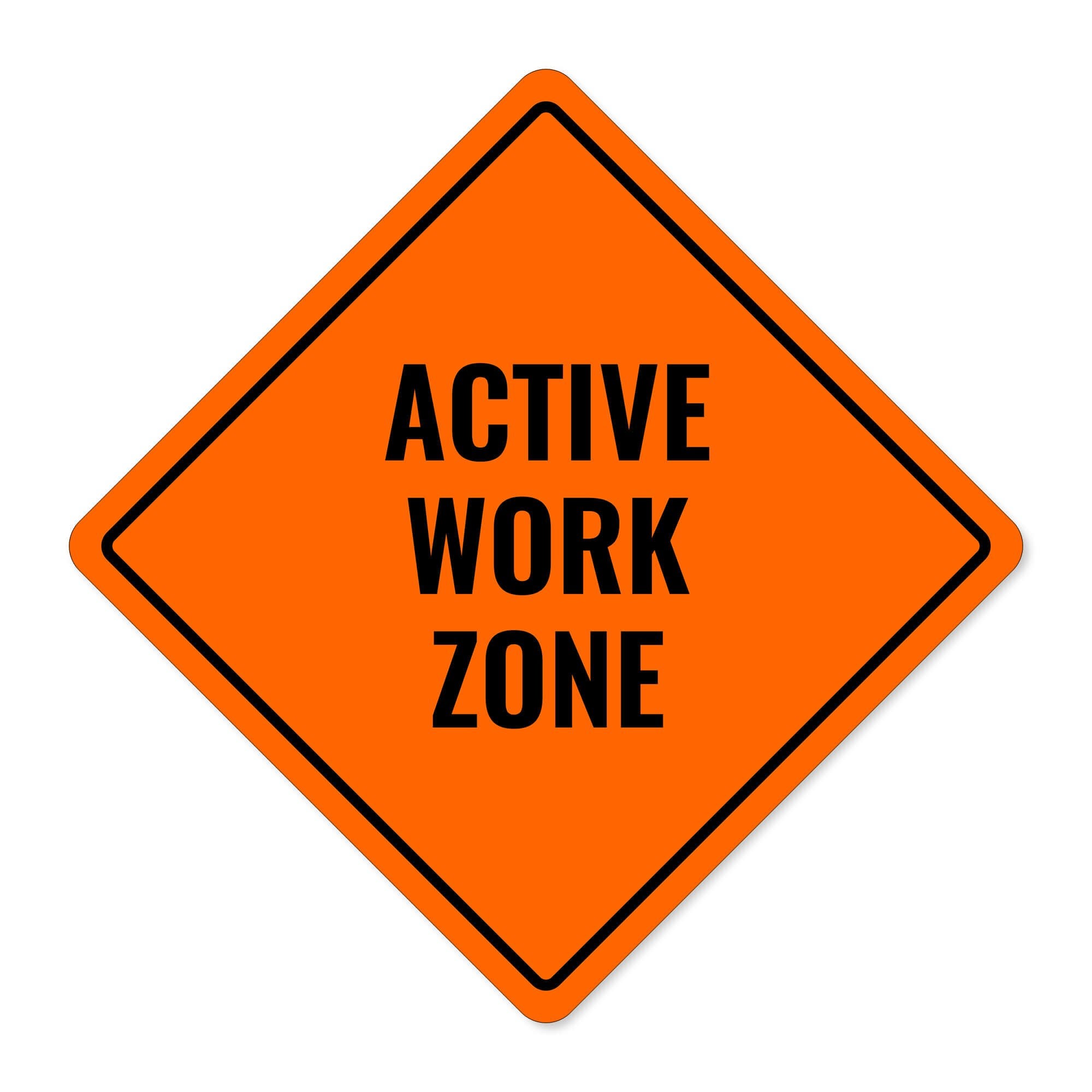 Orange aluminum sign with the message of an active work zone