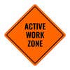 Orange aluminum sign with the message of an active work zone