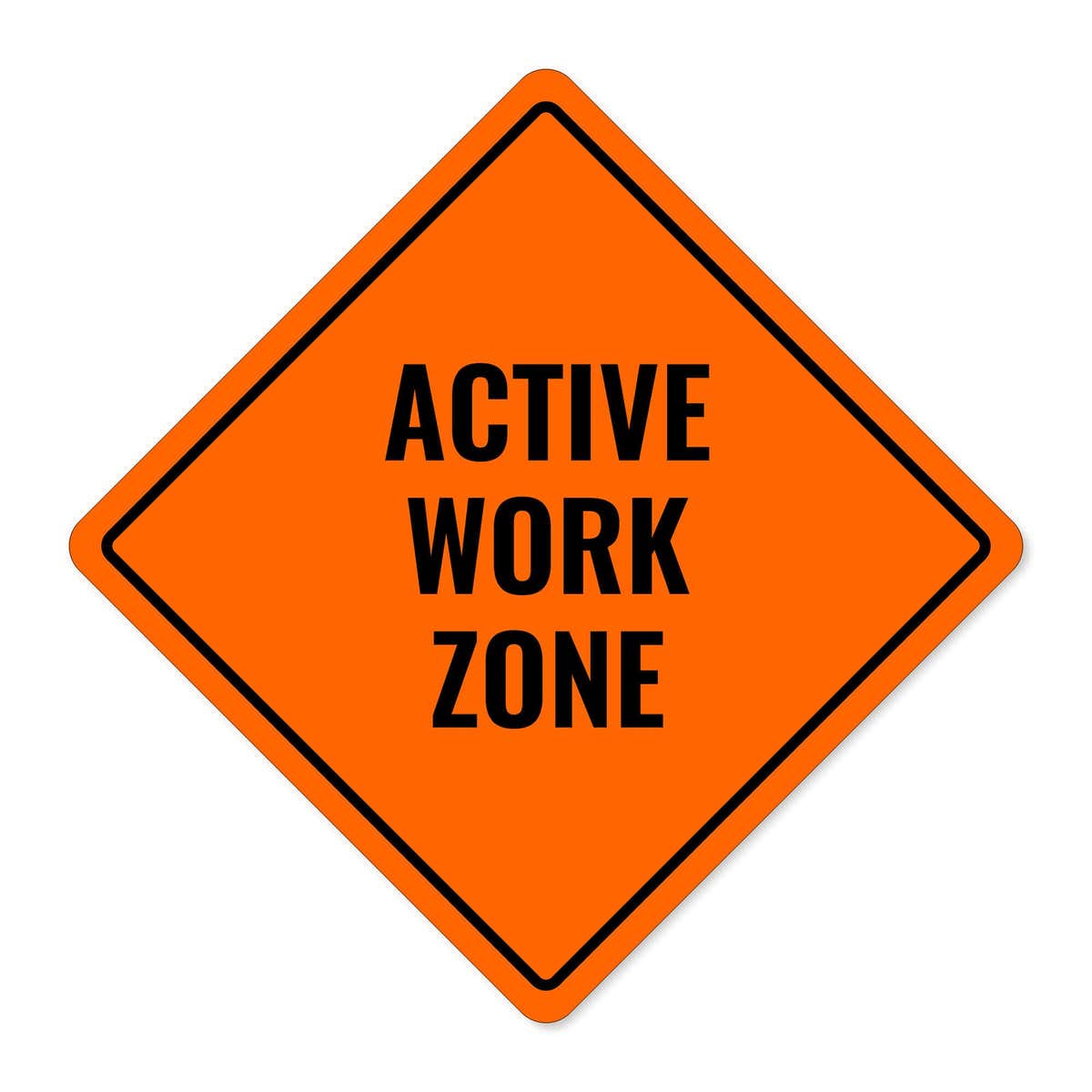 Orange aluminum sign with the message of an active work zone